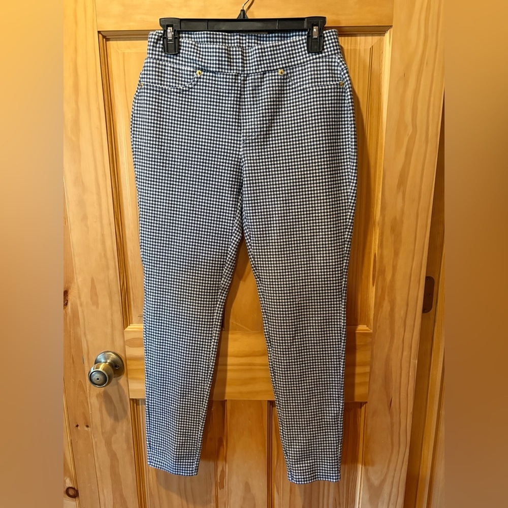 Michael Kors Navy Blue & White Check Pull-on Pants gold details size M women’s